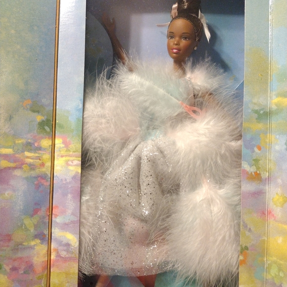 Barbie Other - Barbie Doll in Sparkling Silver Gown with White Feather Boa